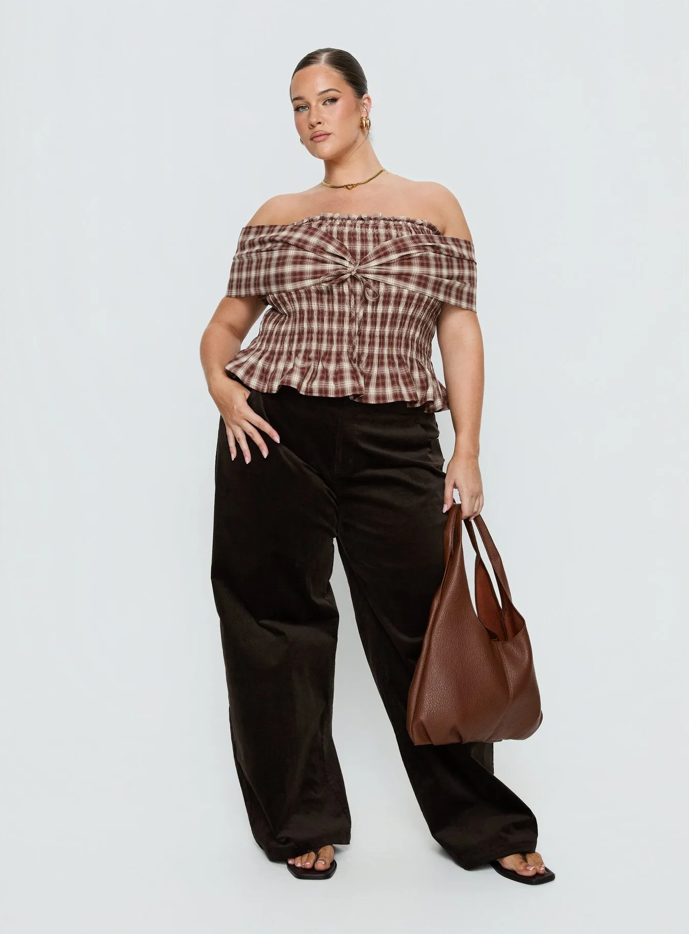 Avalynn Off Shoulder Shirred Top Brown Check Curve sold by Princess Polly product image thumbnail 2