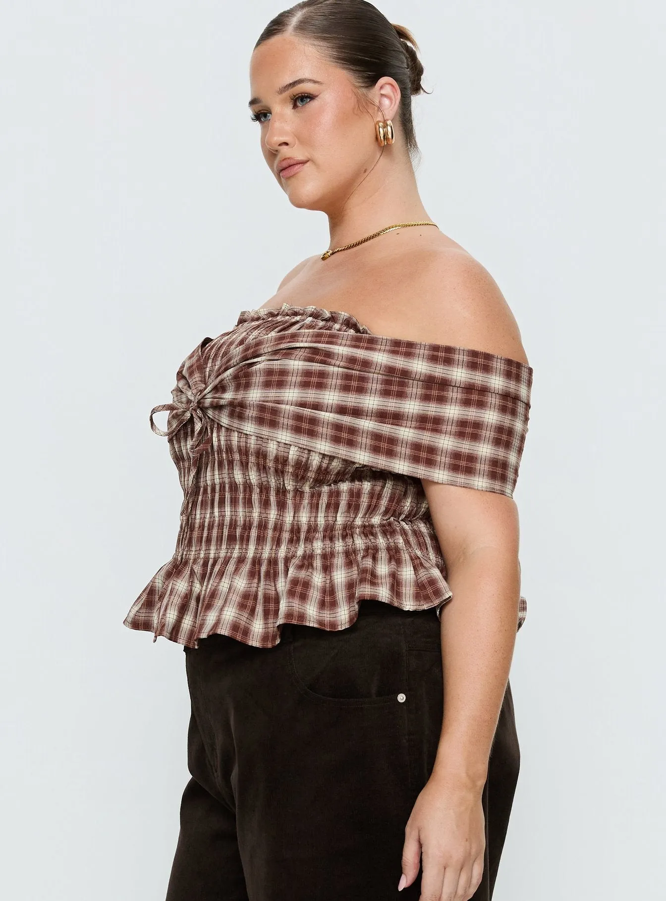 Avalynn Off Shoulder Shirred Top Brown Check Curve sold by Princess Polly product image thumbnail 3