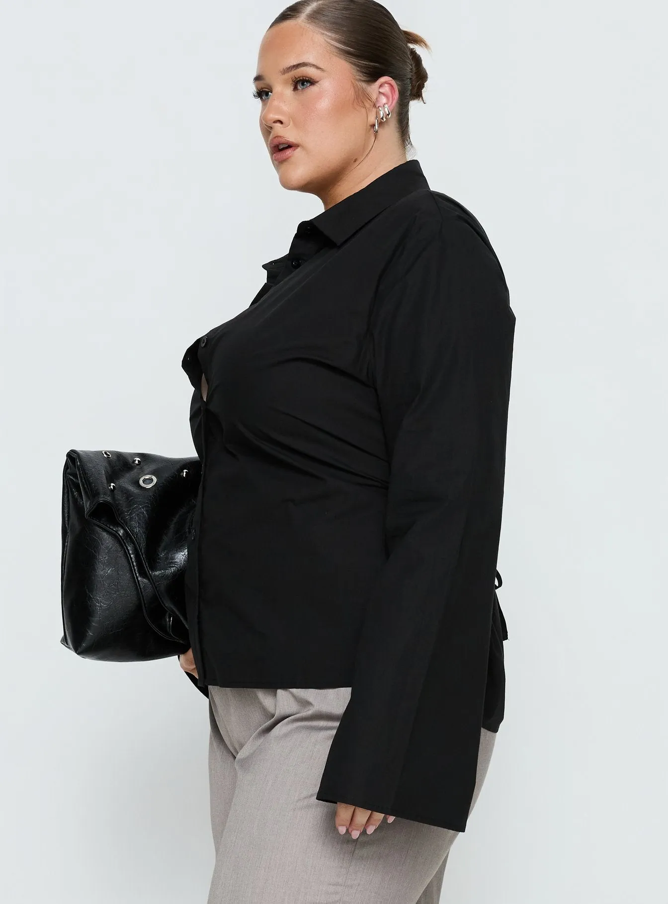 Eryx Tie Back Button Up Top Black Curve sold by Princess Polly product image thumbnail 4