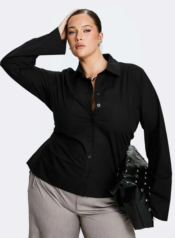 Eryx Tie Back Button Up Top Black Curve sold by Princess Polly