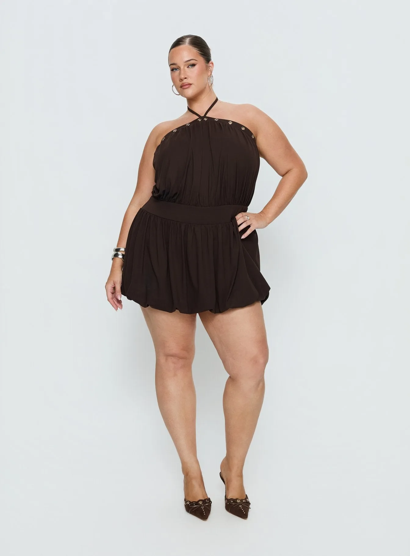 Sunnee Eyelet Detail Playsuit Brown Curve sold by Princess Polly product image thumbnail 3