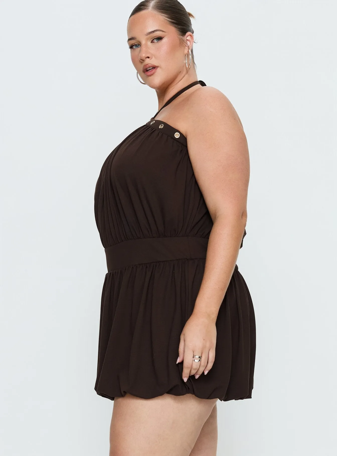 Sunnee Eyelet Detail Playsuit Brown Curve sold by Princess Polly product image thumbnail 4