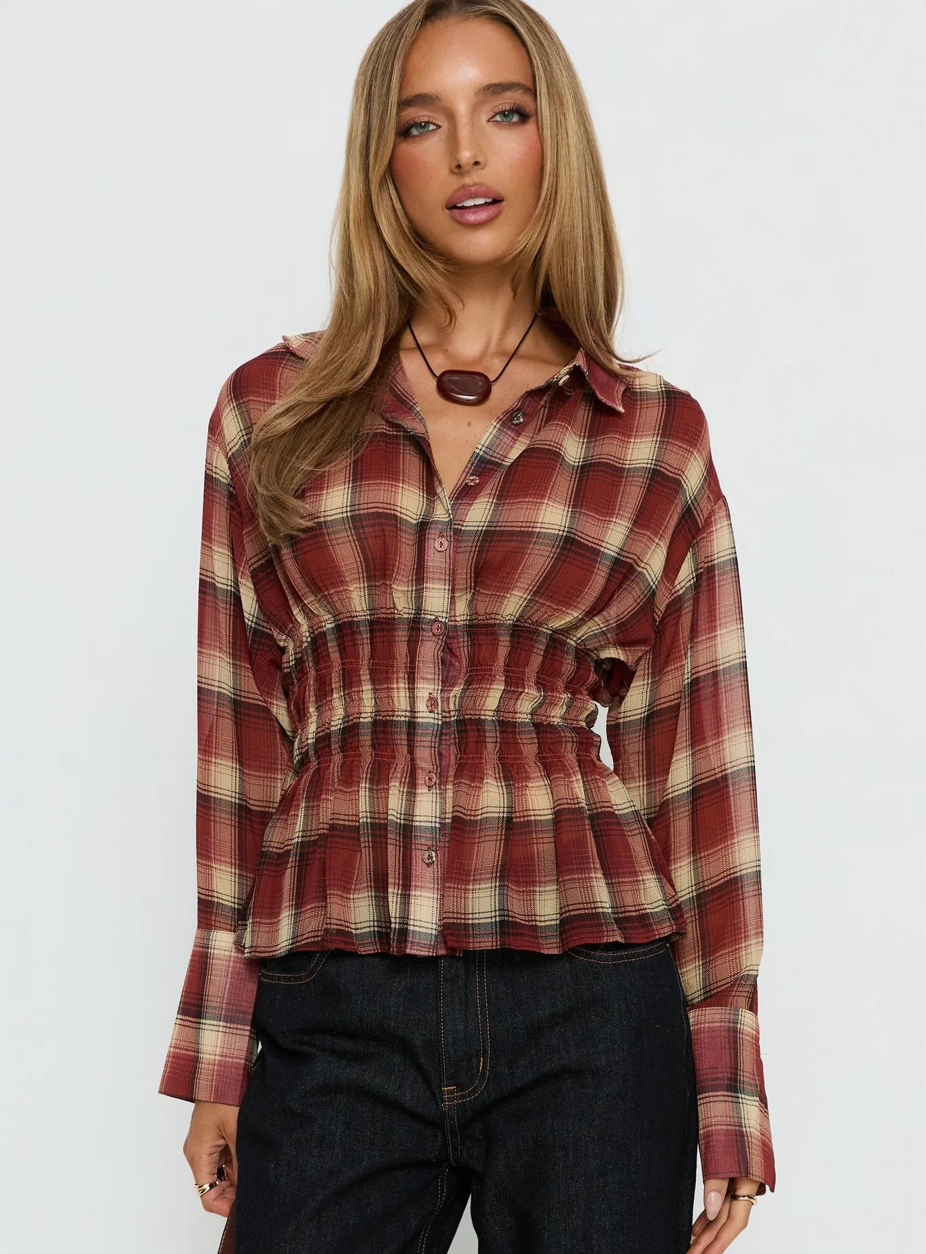 As You Are Shirred Button Up Top Red Check sold by Princess Polly