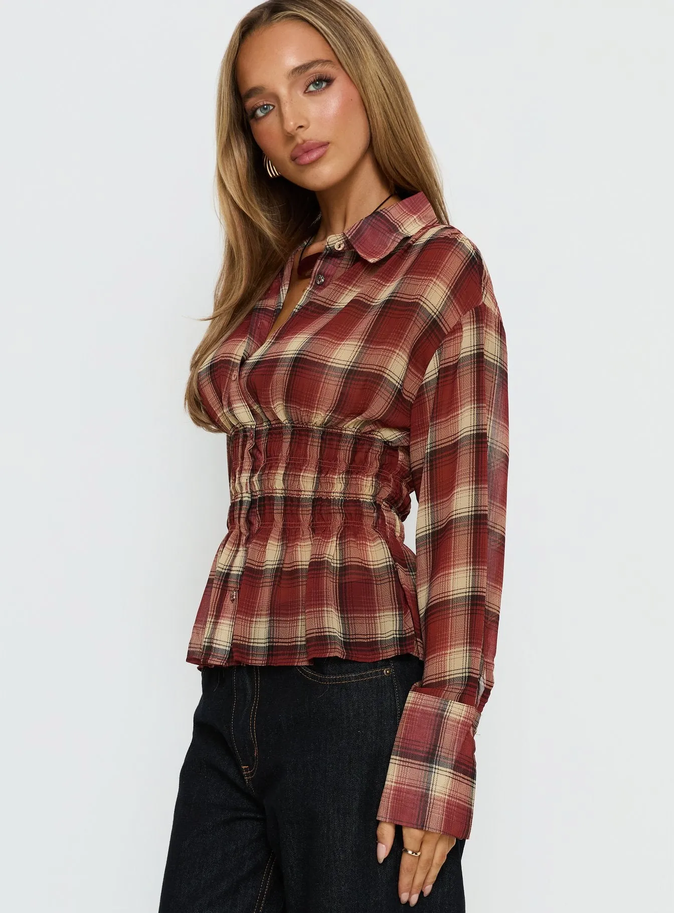 As You Are Shirred Button Up Top Red Check sold by Princess Polly product image thumbnail 3