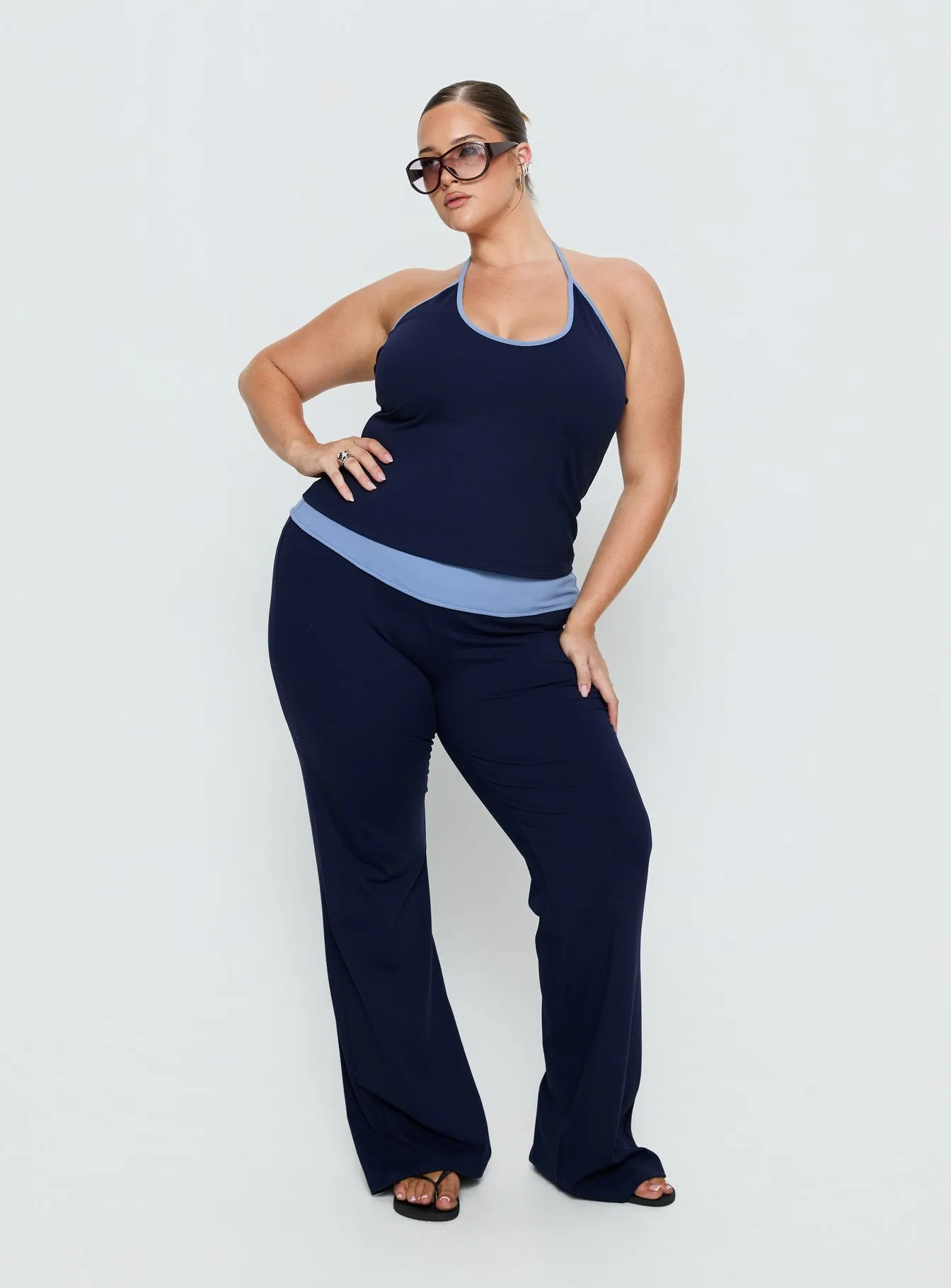 Kobee Jersey Flare Pants Navy / Light Blue Curve sold by Princess Polly product image thumbnail 3