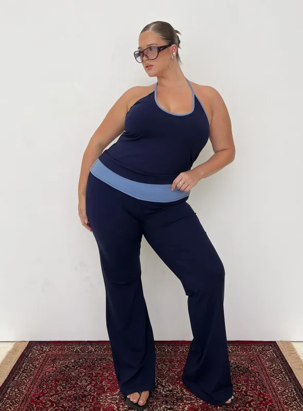 Kobee Jersey Flare Pants Navy / Light Blue Curve sold by Princess Polly