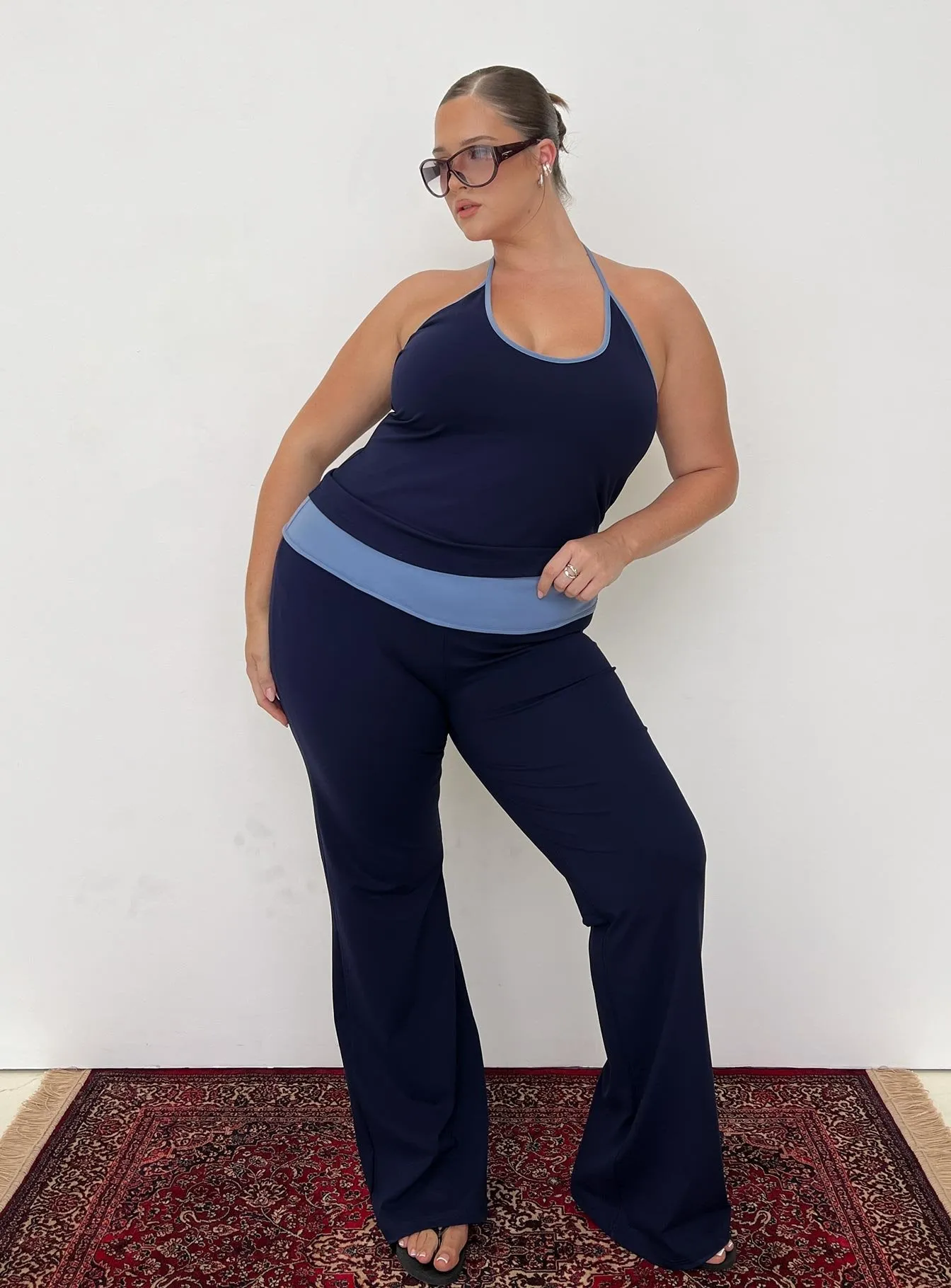 Kobee Jersey Flare Pants Navy / Light Blue Curve sold by Princess Polly