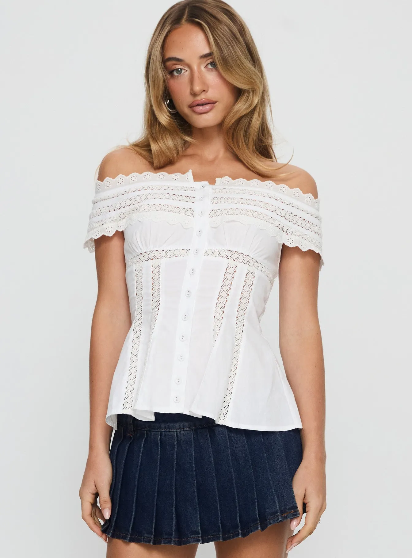 Stately Off Shoulder Lace Trim Top White sold by Princess Polly product image thumbnail 2