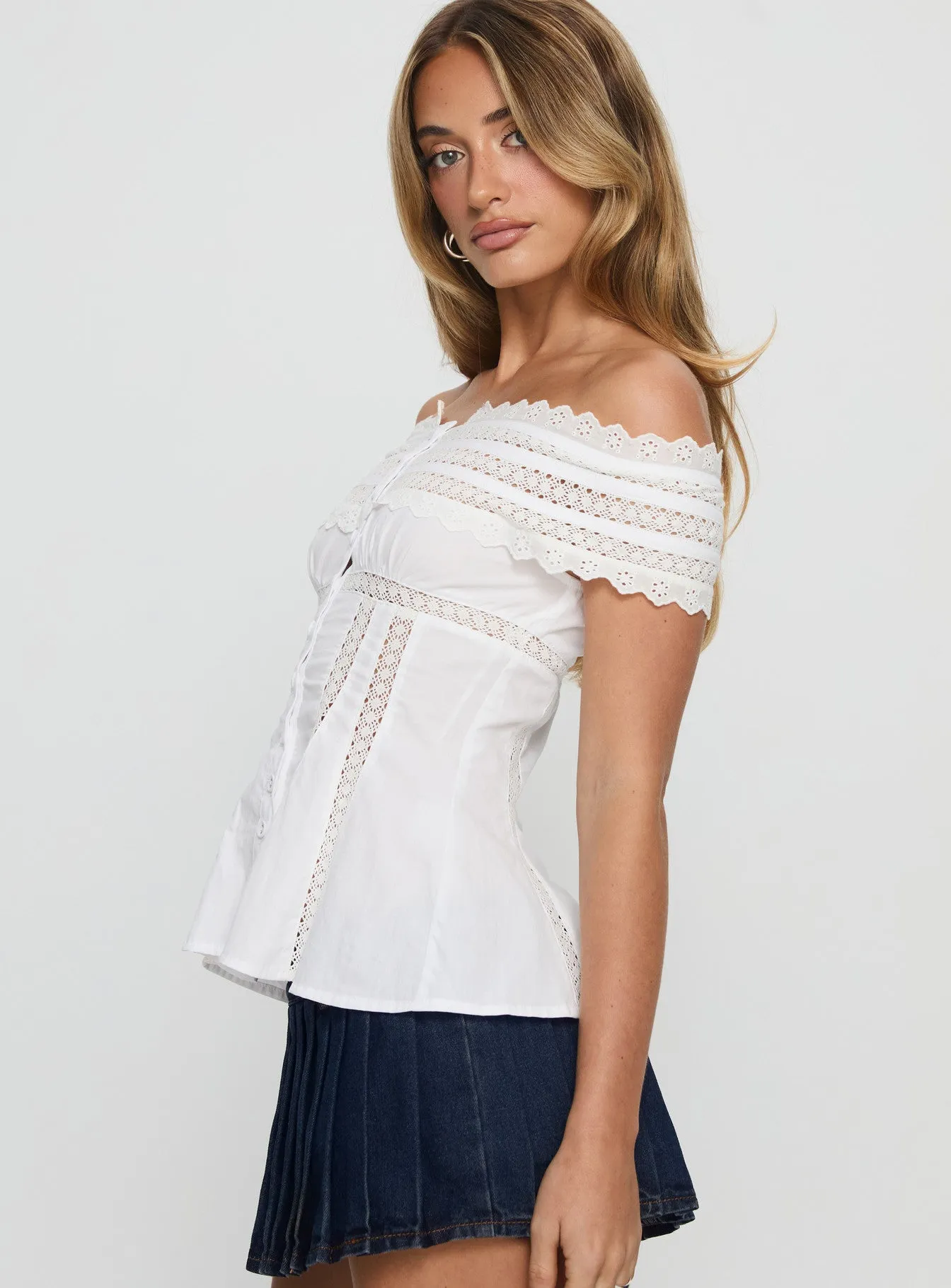 Stately Off Shoulder Lace Trim Top White sold by Princess Polly product image thumbnail 4