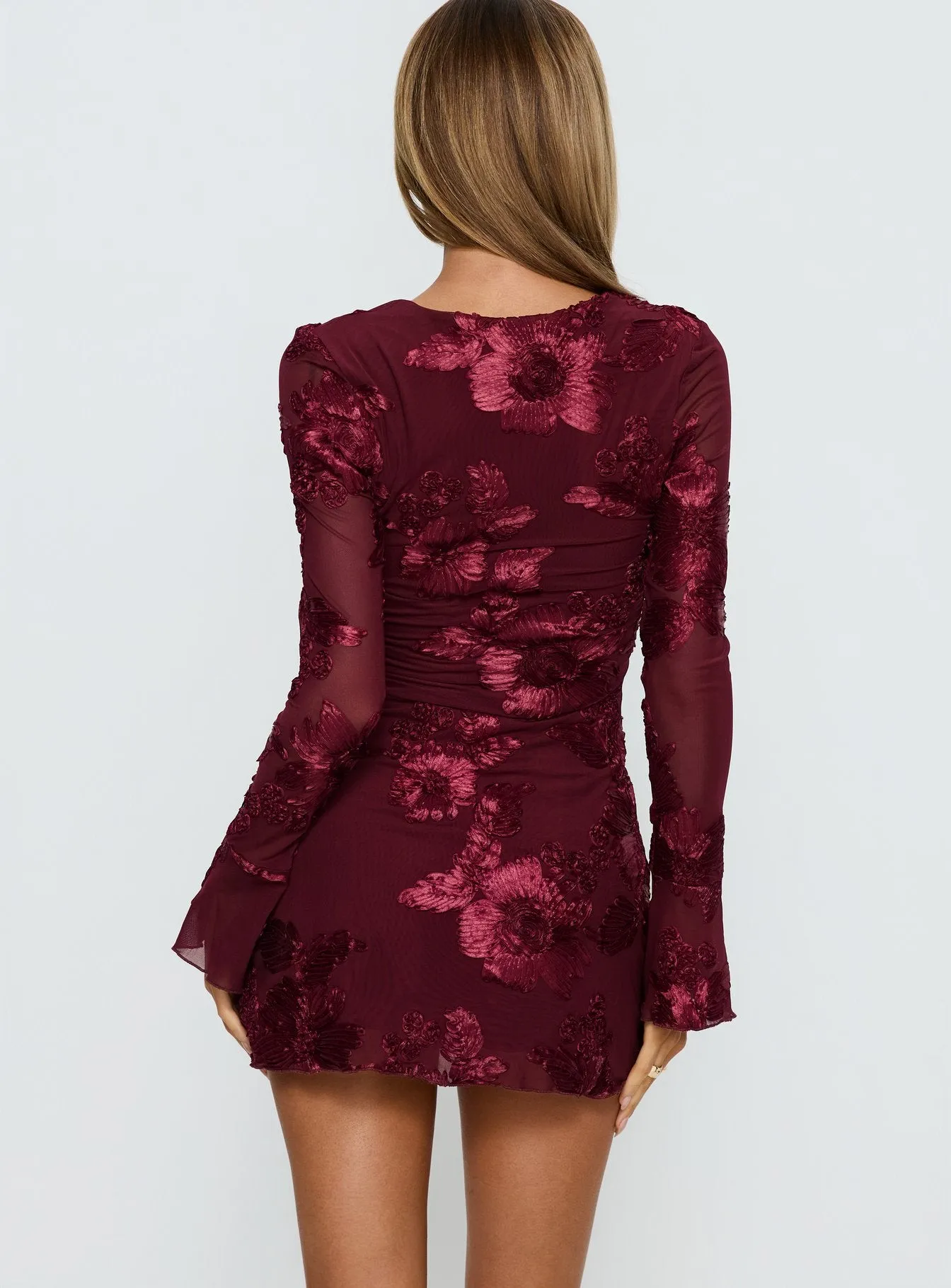 Better Love Long Sleeve Mini Dress Burgundy Floral sold by Princess Polly product image thumbnail 4