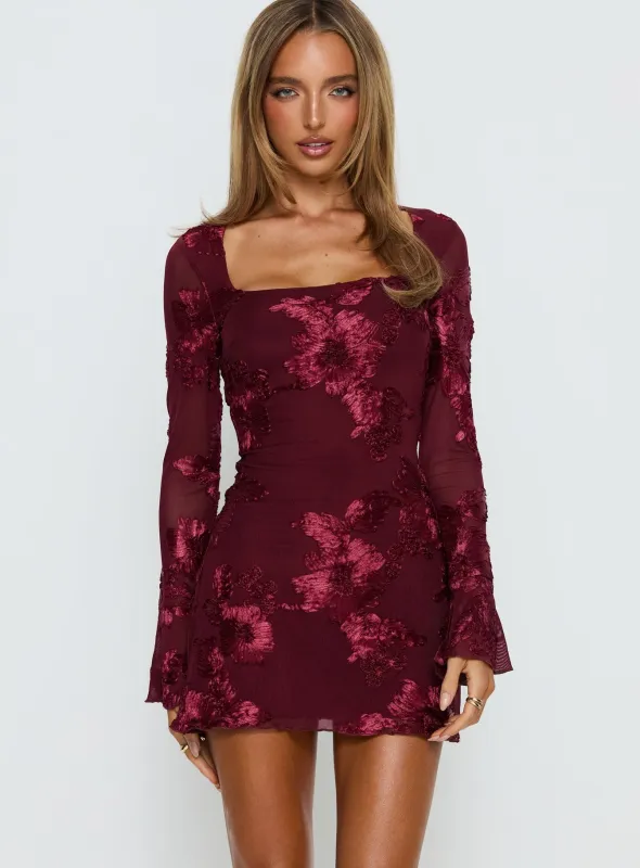 Better Love Long Sleeve Mini Dress Burgundy Floral sold by Princess Polly