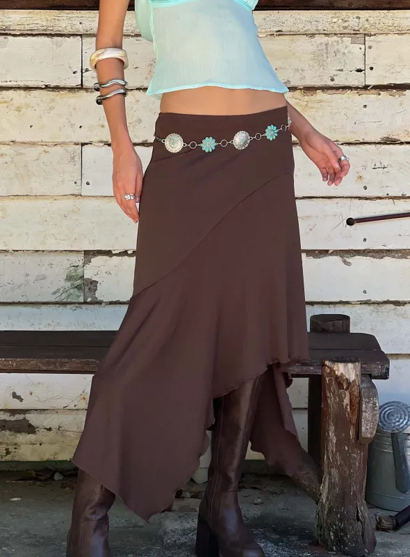 Futura Asymmetrical Midi Skirt Chocolate sold by Princess Polly