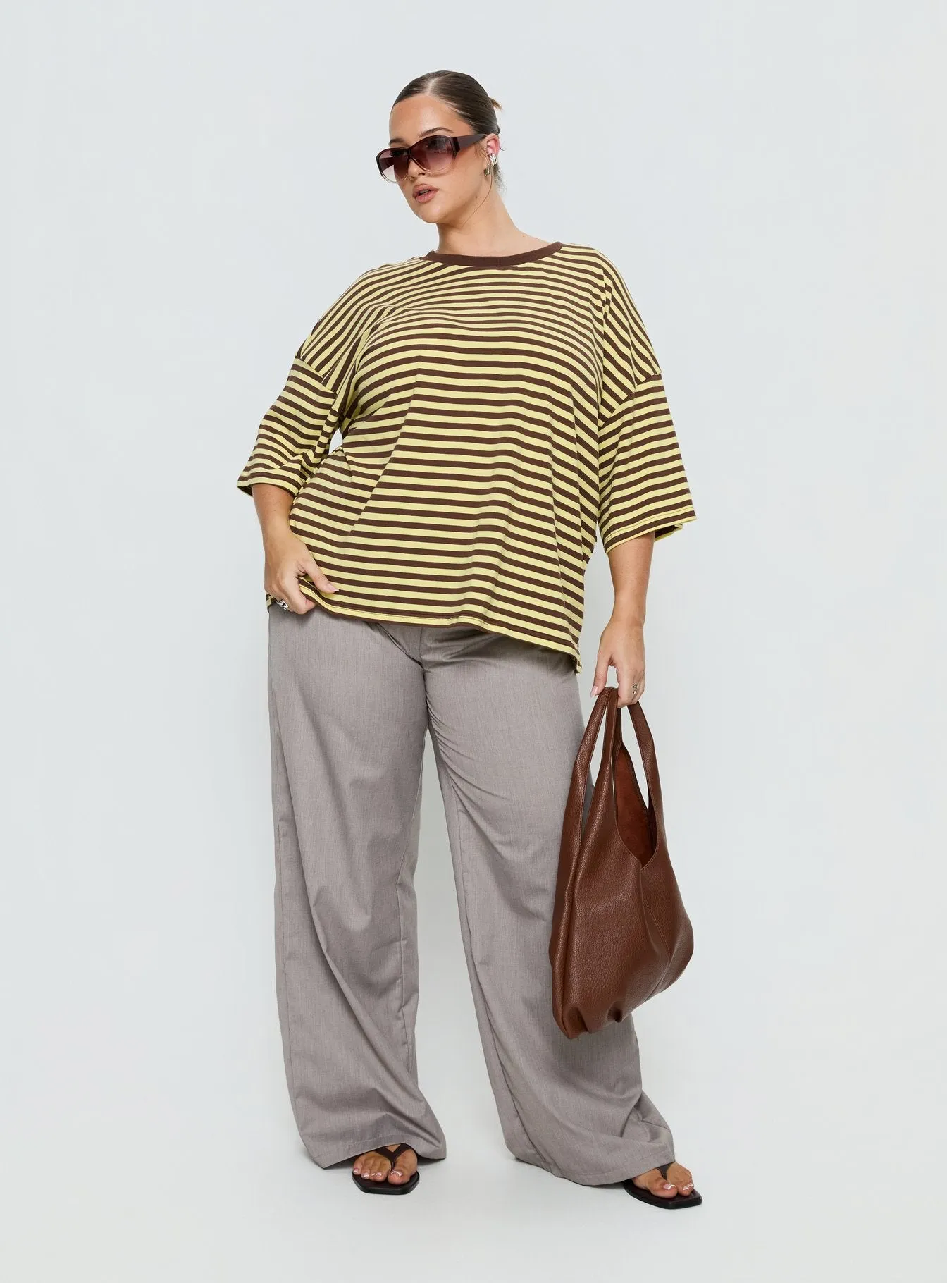 Settle Down Short Sleeve Top Yellow / Brown Stripe Curve sold by Princess Polly product image thumbnail 3