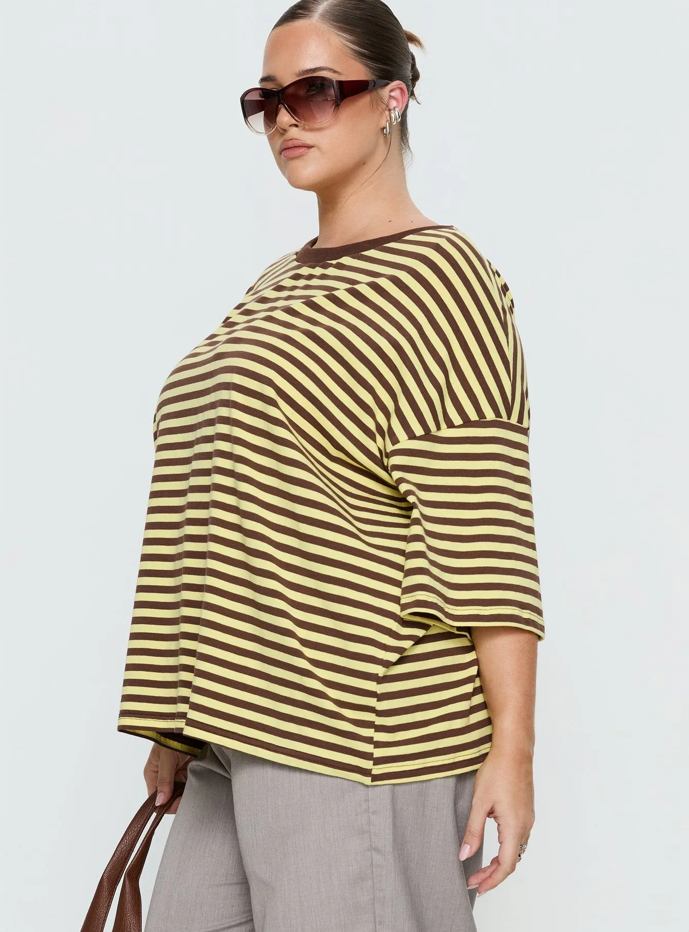 Settle Down Short Sleeve Top Yellow / Brown Stripe Curve sold by Princess Polly product image thumbnail 4