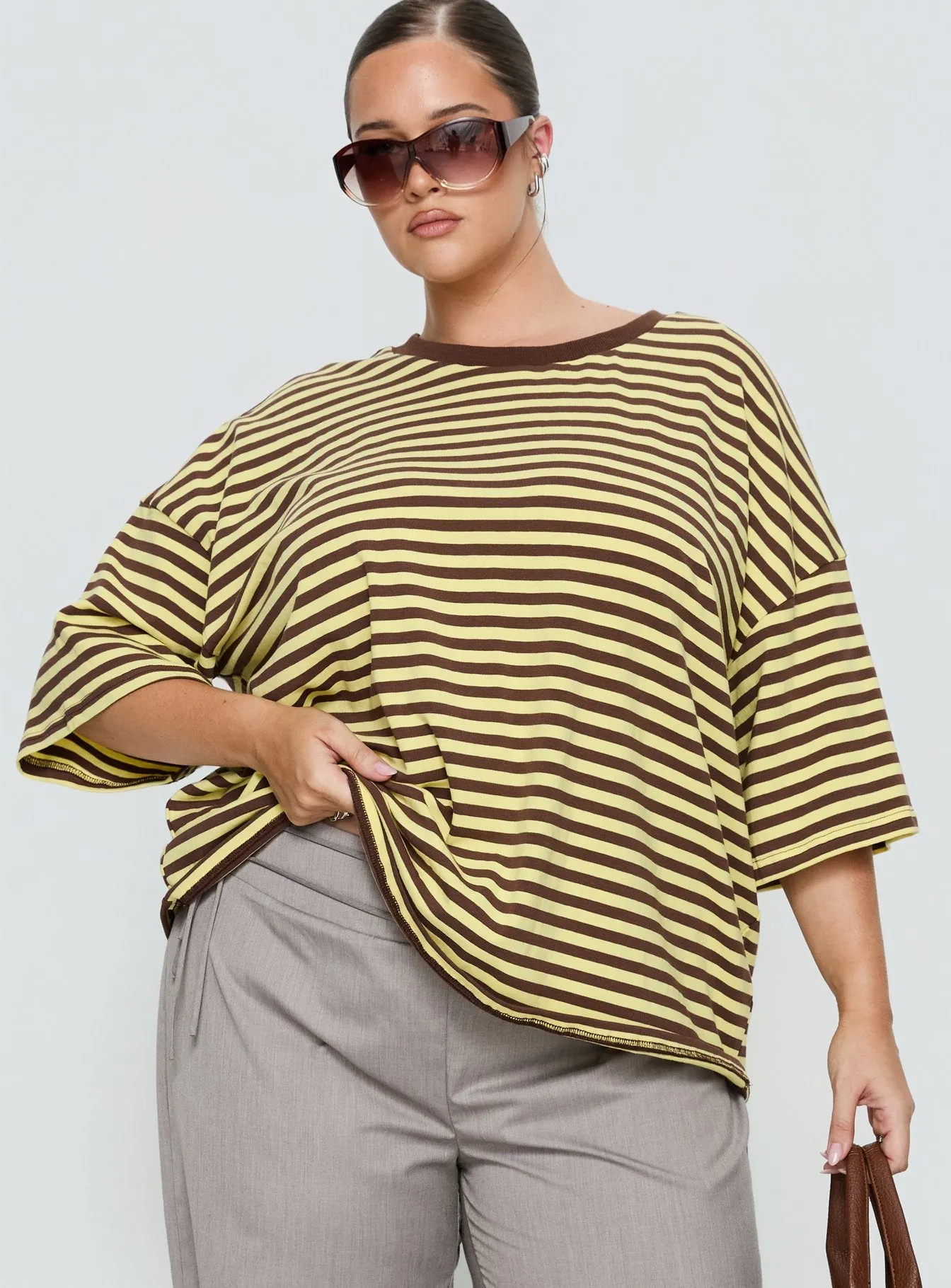Settle Down Short Sleeve Top Yellow / Brown Stripe Curve sold by Princess Polly product image thumbnail 2