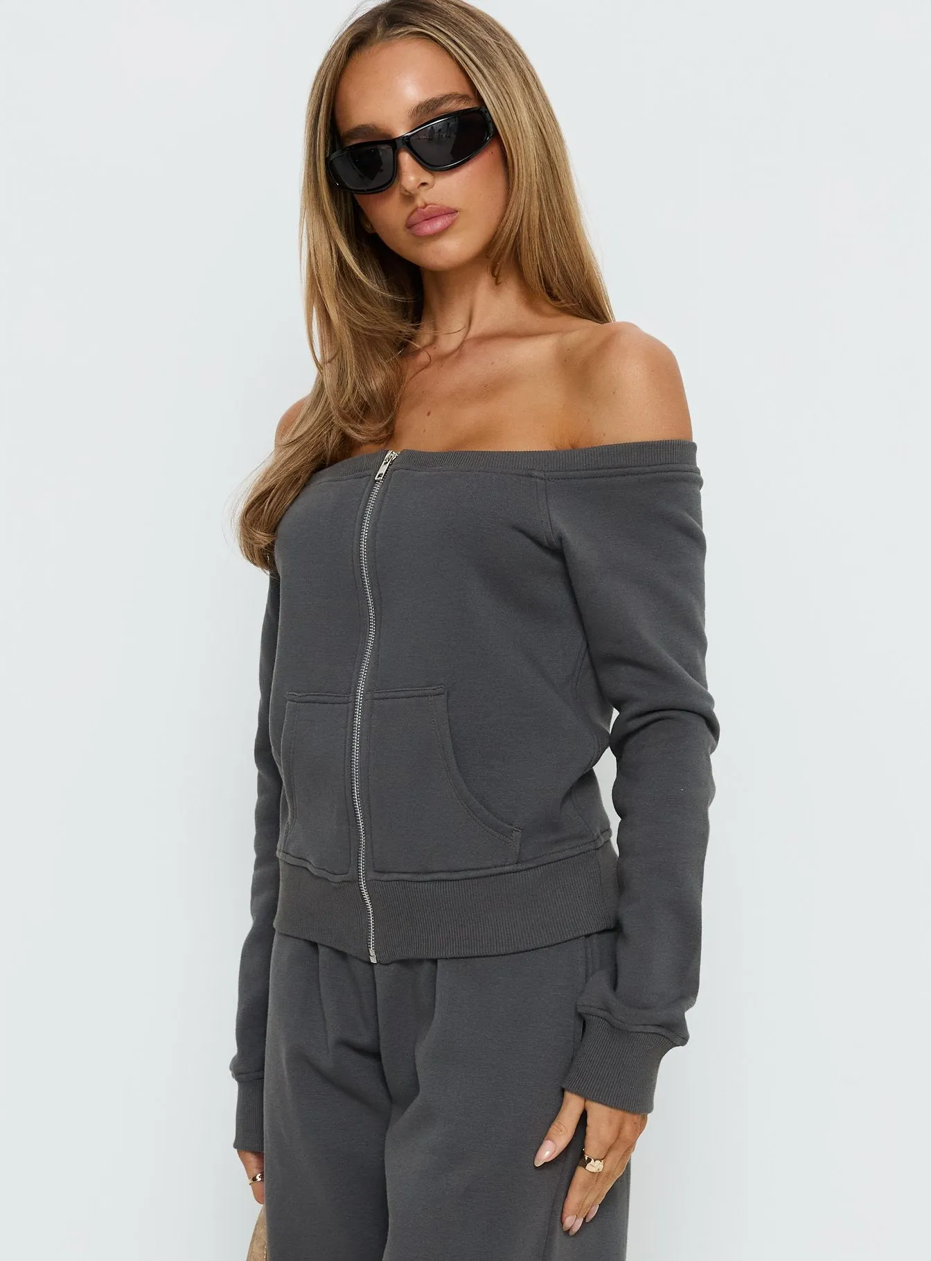 Airazo Off Shoulder Zip Through Jumper Grey sold by Princess Polly product image thumbnail 4