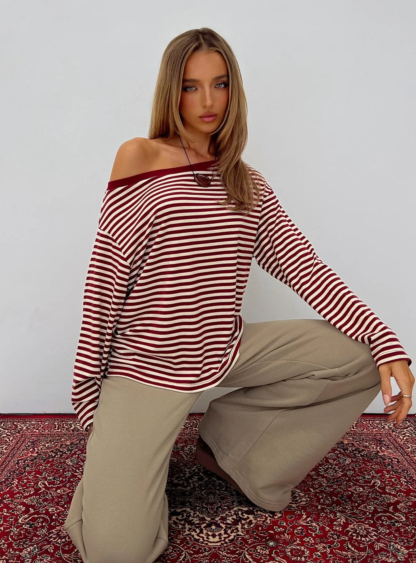 Ralyssa Off Shoulder Long Sleeve Top Red Stripe sold by Princess Polly
