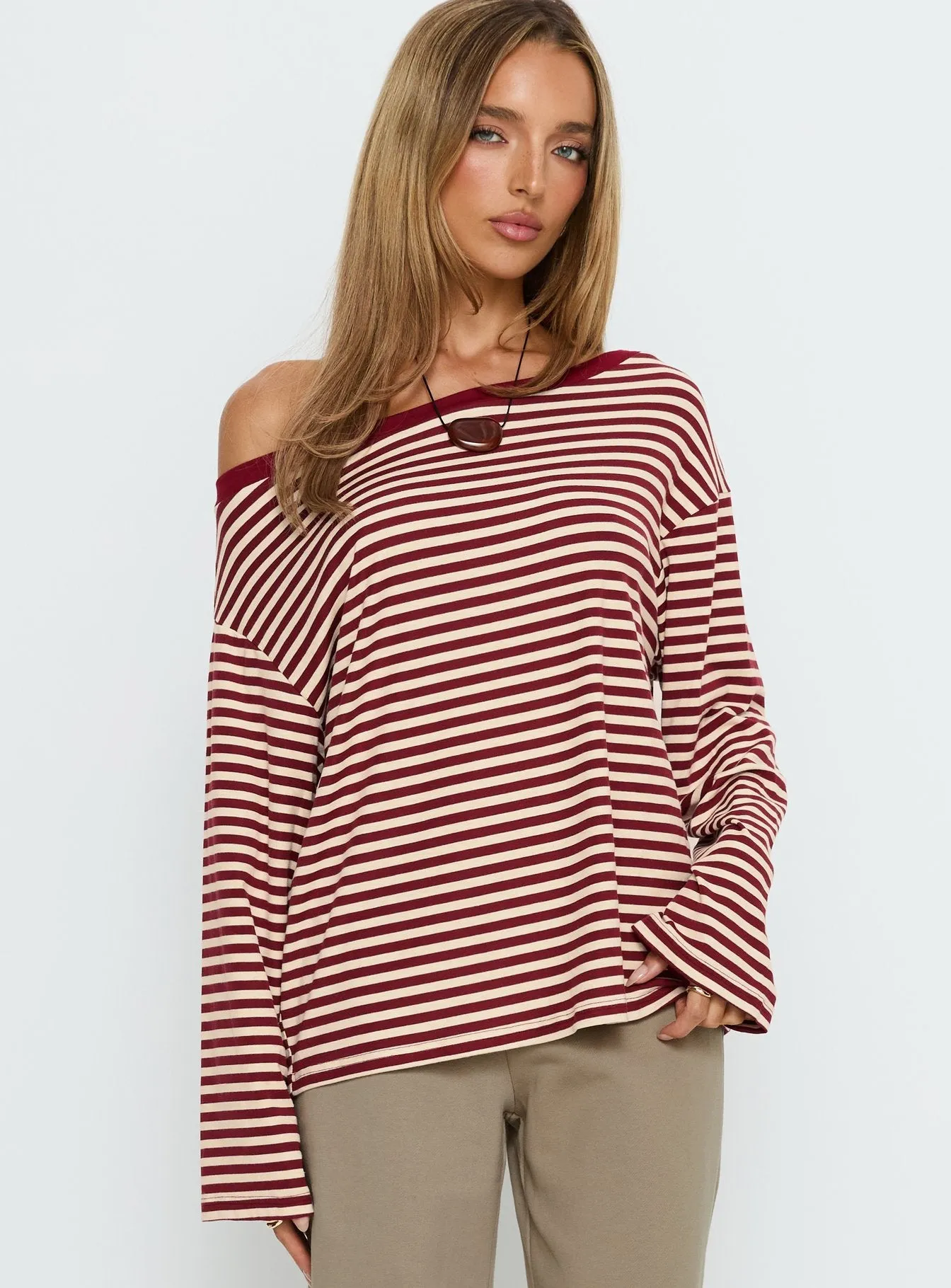 Ralyssa Off Shoulder Long Sleeve Top Red Stripe sold by Princess Polly product image thumbnail 2