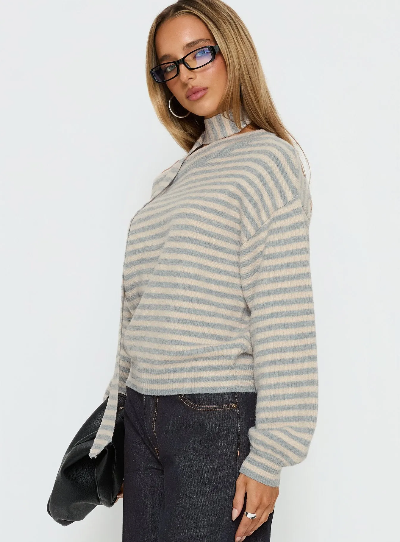 Ruthi Scarf Off Shoulder Knit Sweater Neutral Stripe sold by Princess Polly product image thumbnail 4