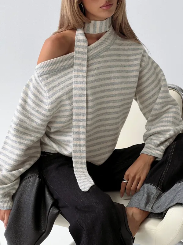 Ruthi Scarf Off Shoulder Knit Sweater Neutral Stripe sold by Princess Polly