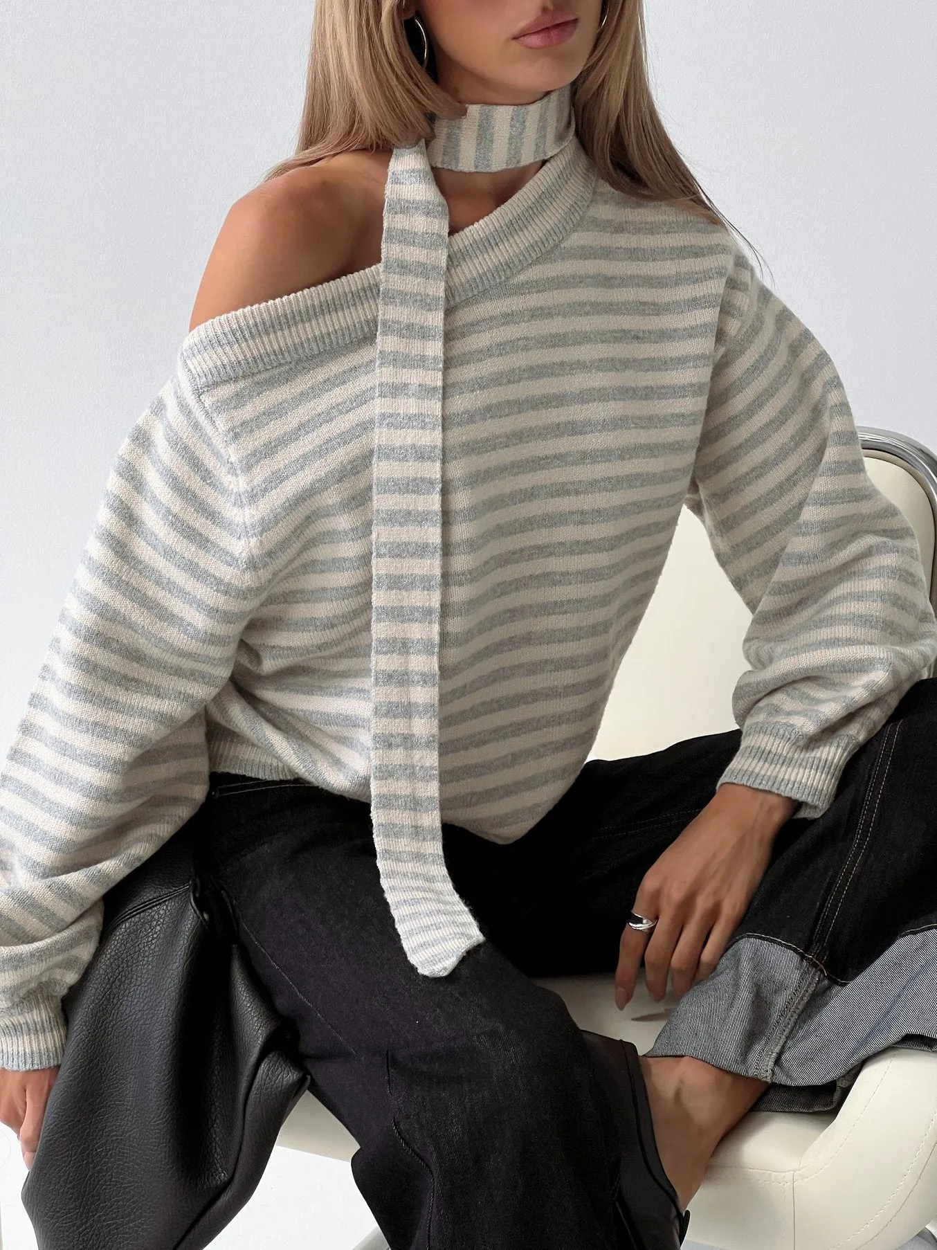 Ruthi Scarf Off Shoulder Knit Sweater Neutral Stripe sold by Princess Polly