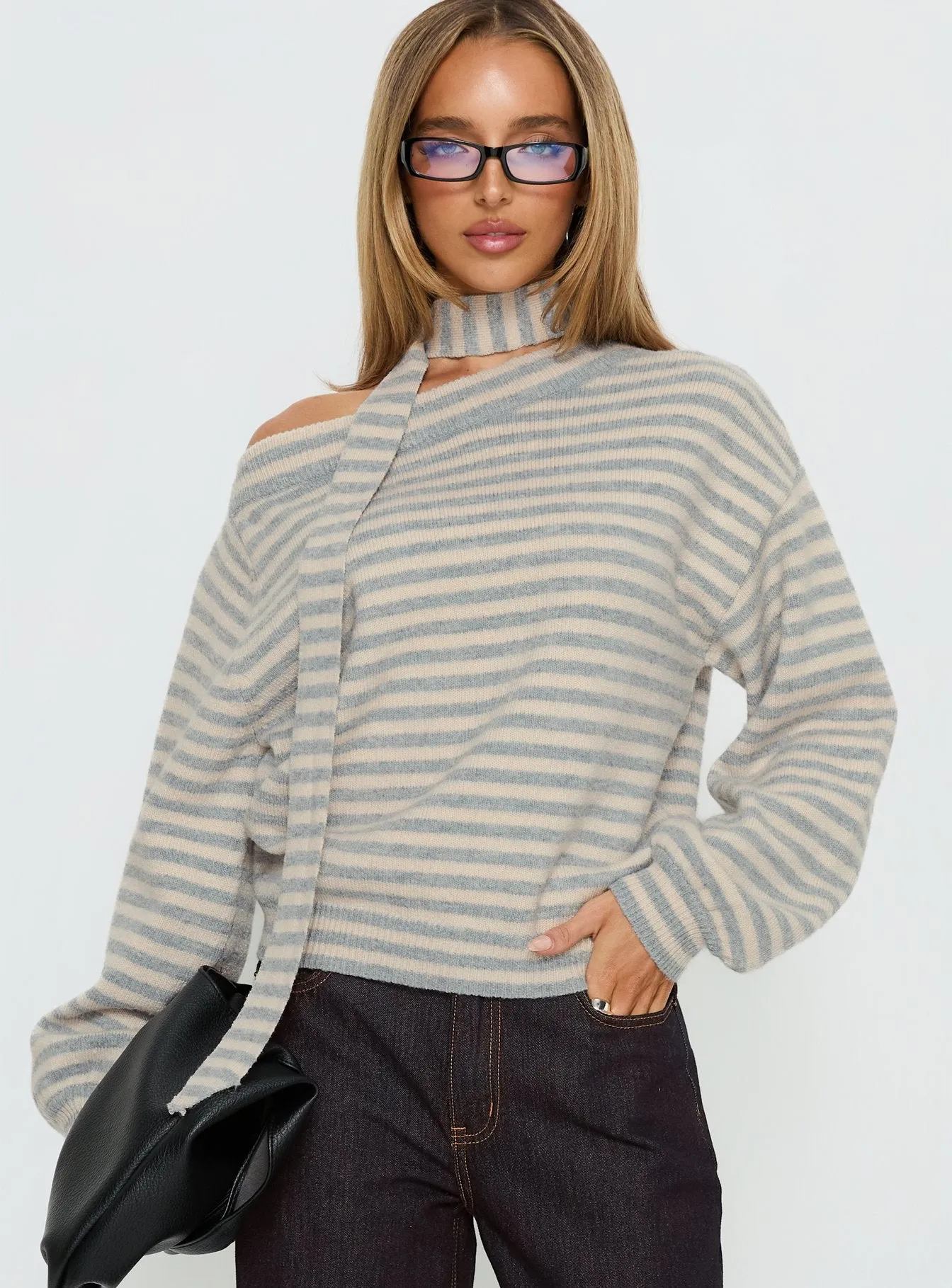 Ruthi Scarf Off Shoulder Knit Sweater Neutral Stripe sold by Princess Polly product image thumbnail 2