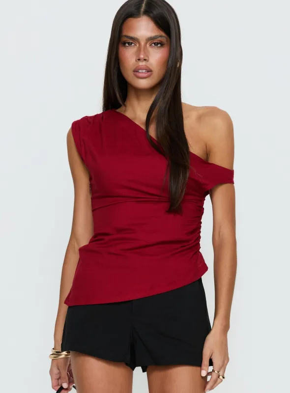 Kaylani One Shoulder Drape Top Burgundy sold by Princess Polly