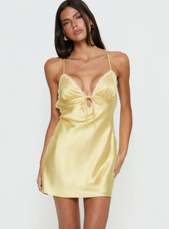 Jasminda Lace Trim Mini Dress Yellow sold by Princess Polly