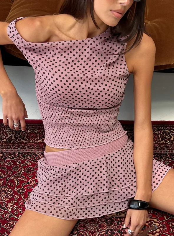 Ready To Party Off Shoulder Top Pink / Black Polka sold by Princess Polly