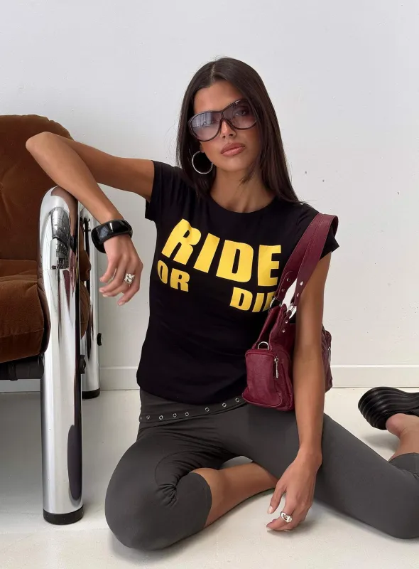 Ride Or Die Graphic Top Black / Yellow sold by Princess Polly