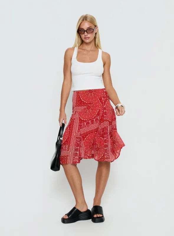 Raenah Asymmetrical Midi Skirt Red Paisley sold by Princess Polly