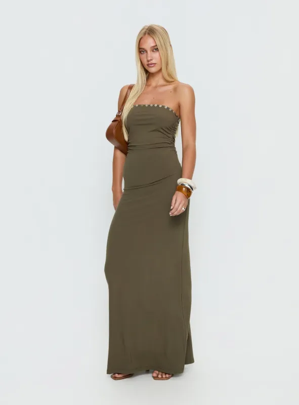 Erita Strapless Maxi Dress Kahki sold by Princess Polly