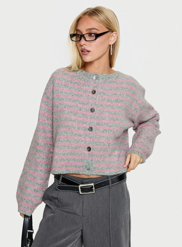 Raynna Button Up Cardigan Pink / Grey Stripe sold by Princess Polly