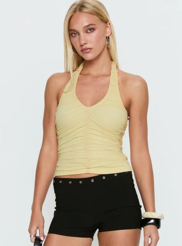 Eye Candy Ruched Halter Top Lemon sold by Princess Polly
