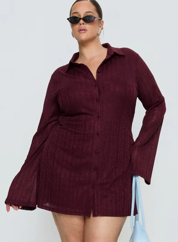 When You Sleep Long Sleeve Mini Dress Wine Curve sold by Princess Polly