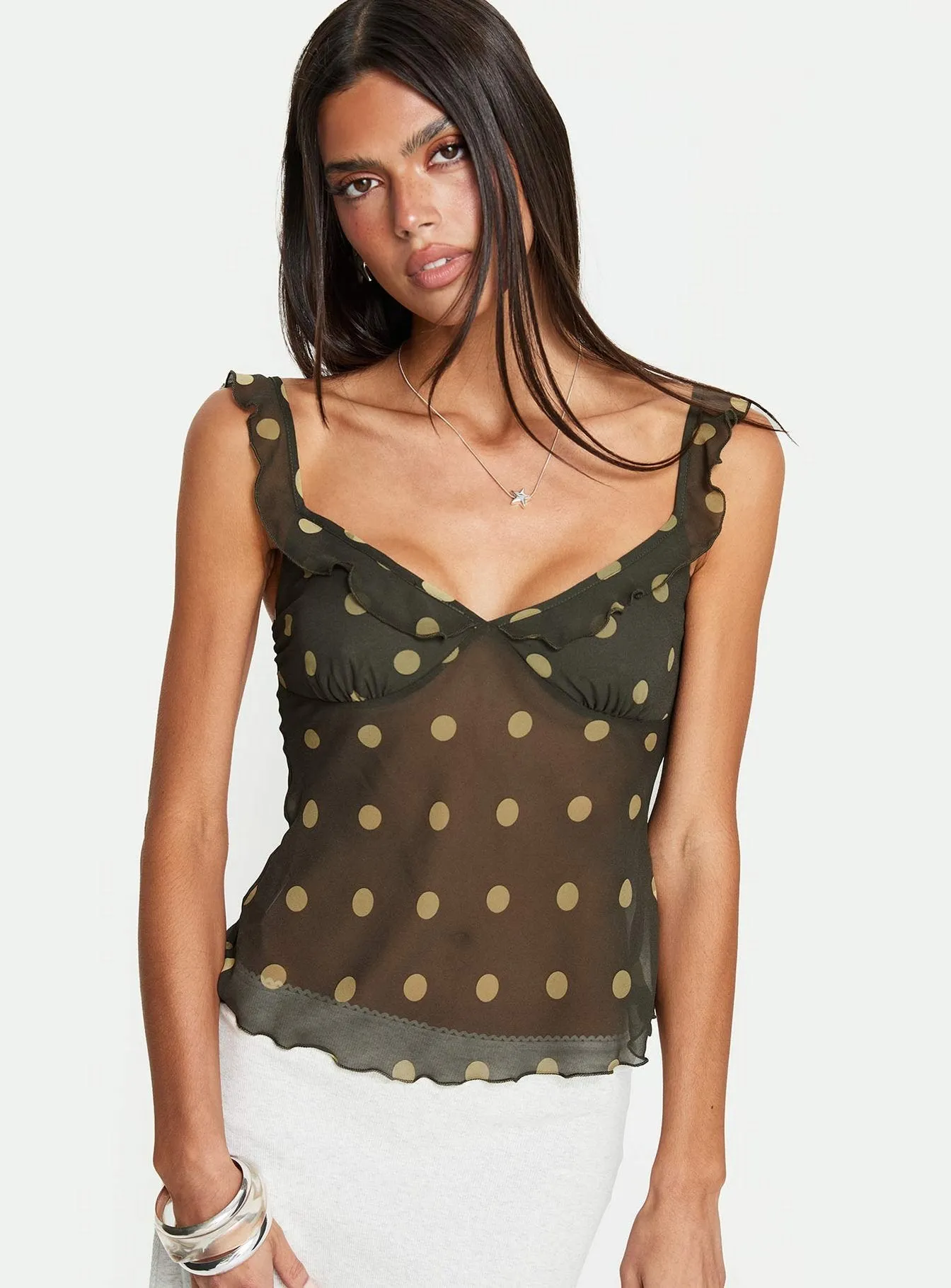 Zayliah Frill Detail Top Green Polka sold by Princess Polly