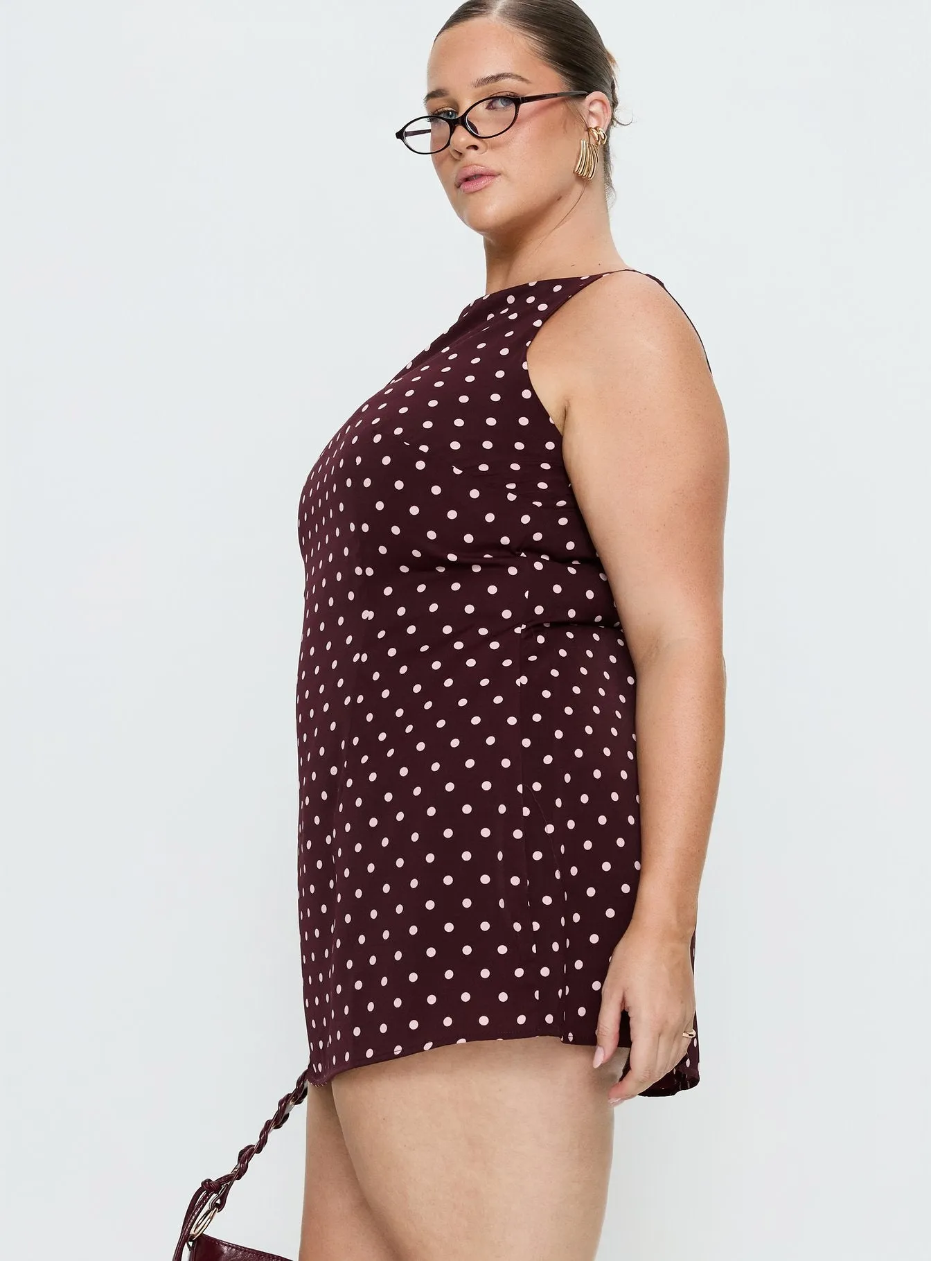 Kherin Boat Neck Romper Wine Polka Curve sold by Princess Polly product image thumbnail 4