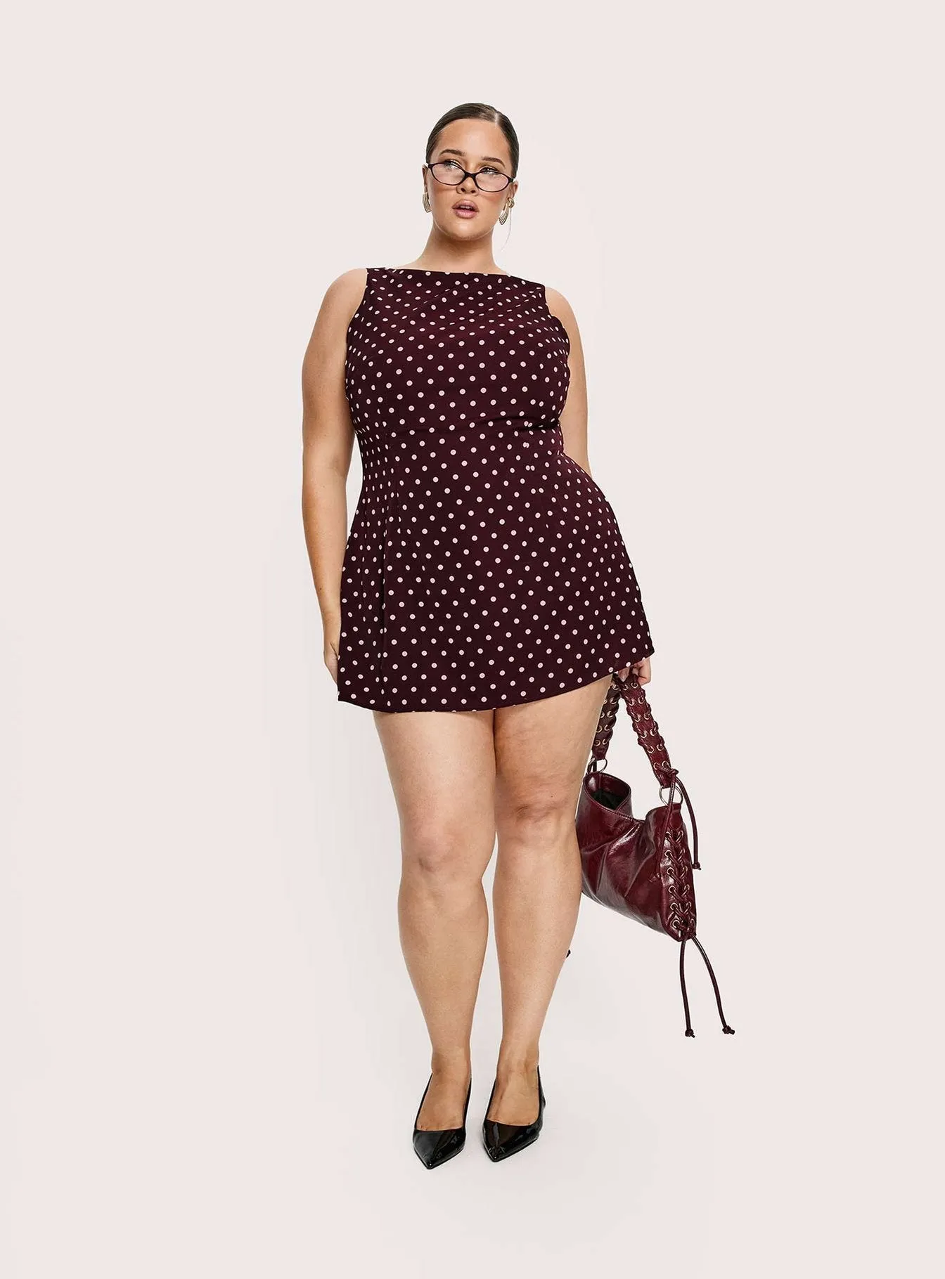 Kherin Boat Neck Romper Wine Polka Curve sold by Princess Polly