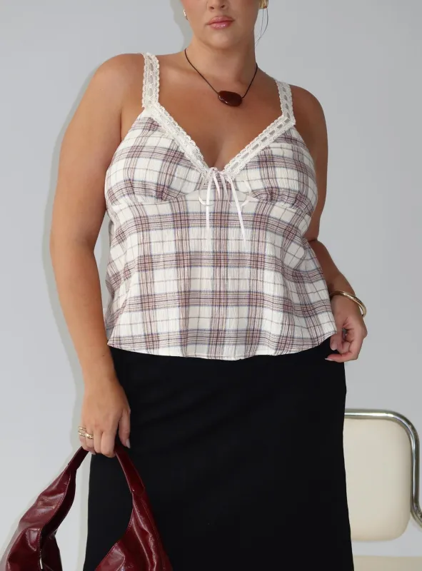 Pretty It Up Tie Detail Top Beige Check Curve sold by Princess Polly