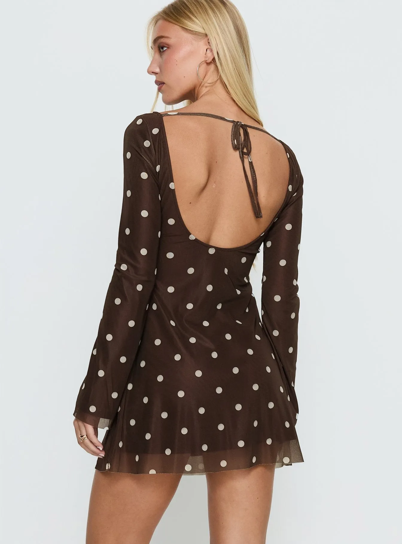 Lukea Long Sleeve Mini Dress Brown Polka Dot sold by Princess Polly product image thumbnail 4