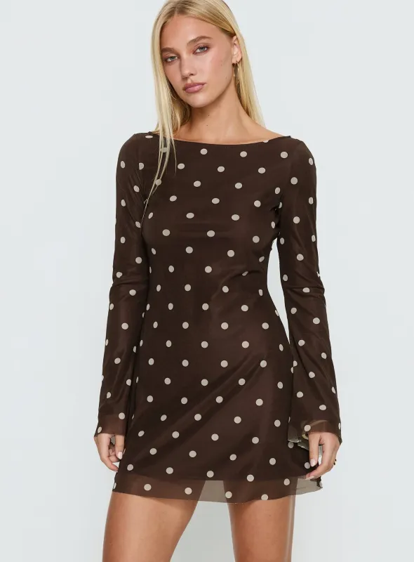 Lukea Long Sleeve Mini Dress Brown Polka Dot sold by Princess Polly