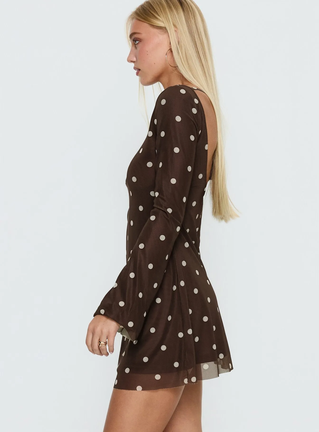 Lukea Long Sleeve Mini Dress Brown Polka Dot sold by Princess Polly product image thumbnail 3