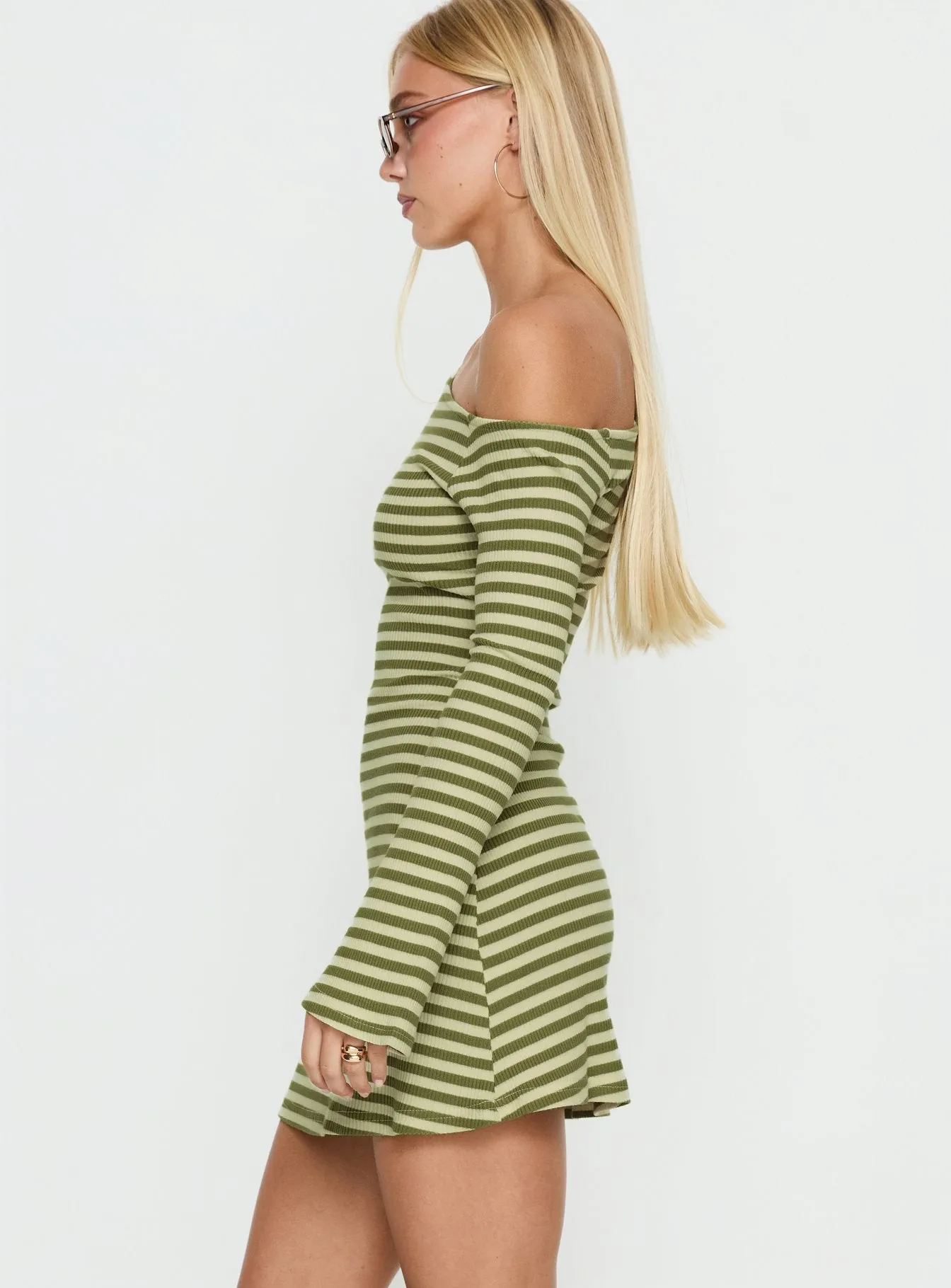 Adrietta Long Sleeve Off Shoulder Mini Dress Cream / Matcha Stripe sold by Princess Polly product image thumbnail 3