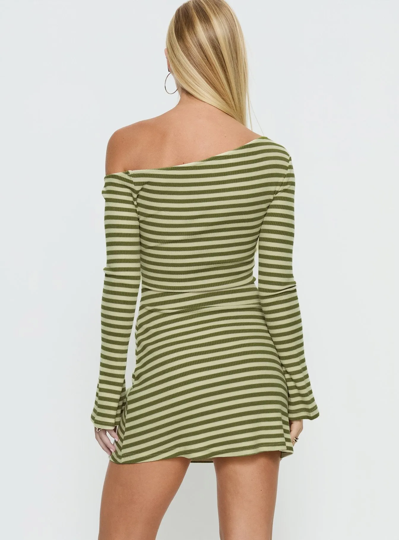 Adrietta Long Sleeve Off Shoulder Mini Dress Cream / Matcha Stripe sold by Princess Polly product image thumbnail 4