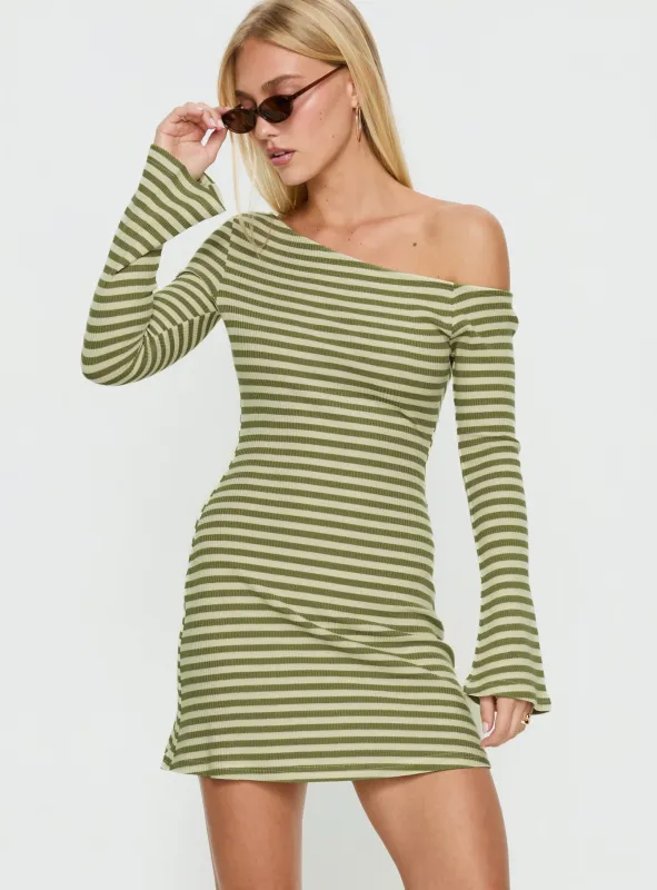 Adrietta Long Sleeve Off Shoulder Mini Dress Cream / Matcha Stripe sold by Princess Polly