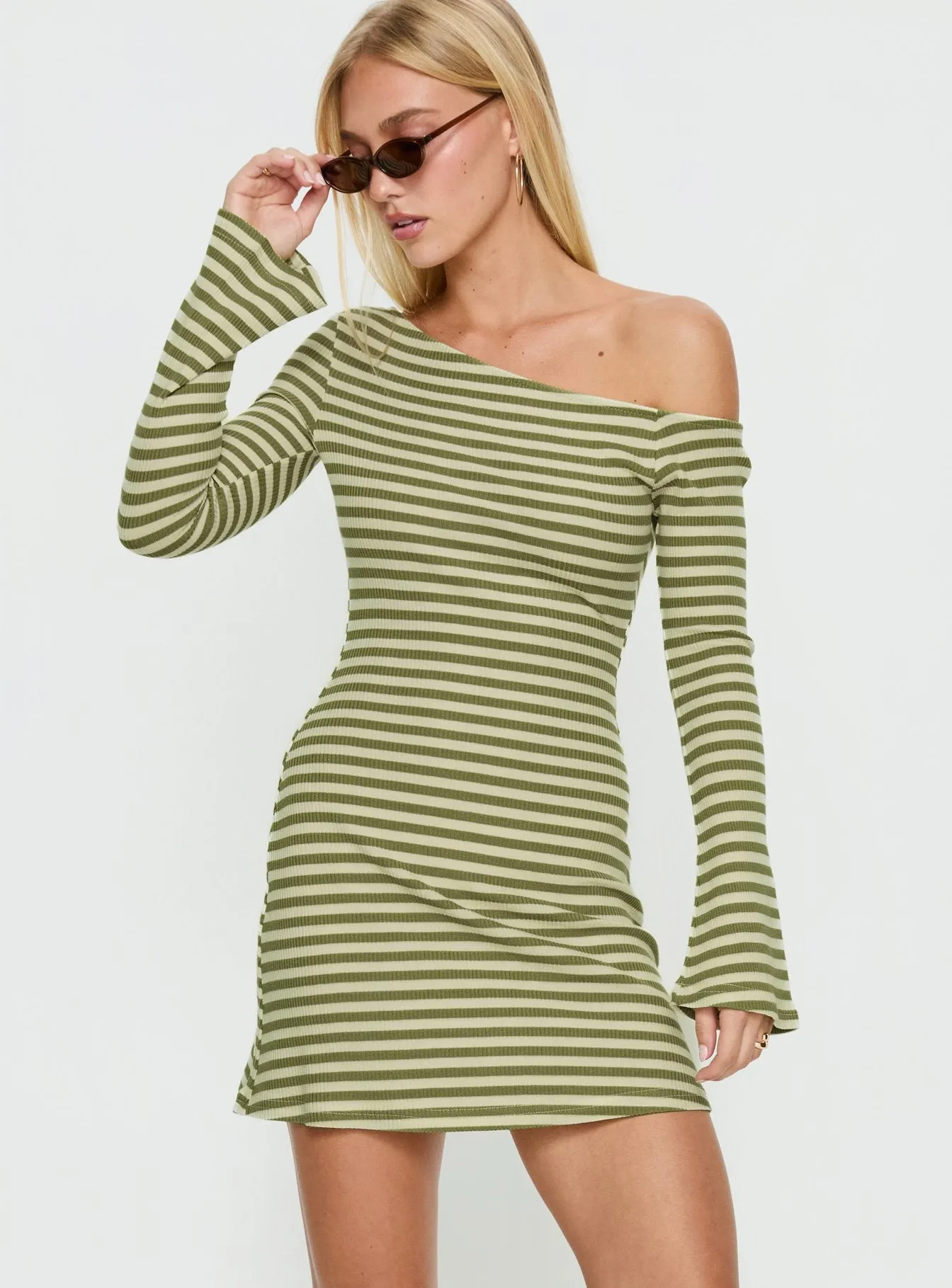 Adrietta Long Sleeve Off Shoulder Mini Dress Cream / Matcha Stripe sold by Princess Polly