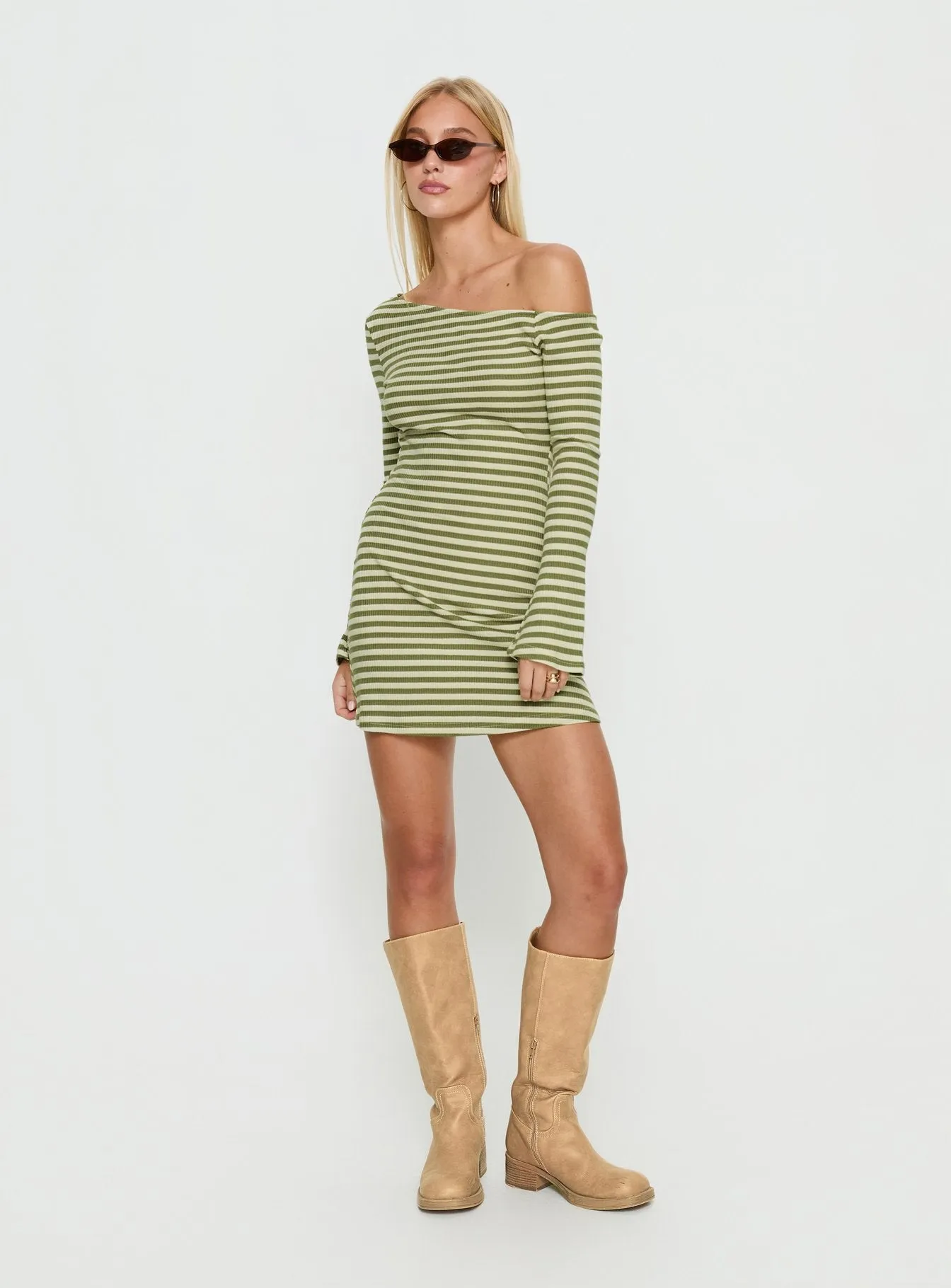 Adrietta Long Sleeve Off Shoulder Mini Dress Cream / Matcha Stripe sold by Princess Polly product image thumbnail 2