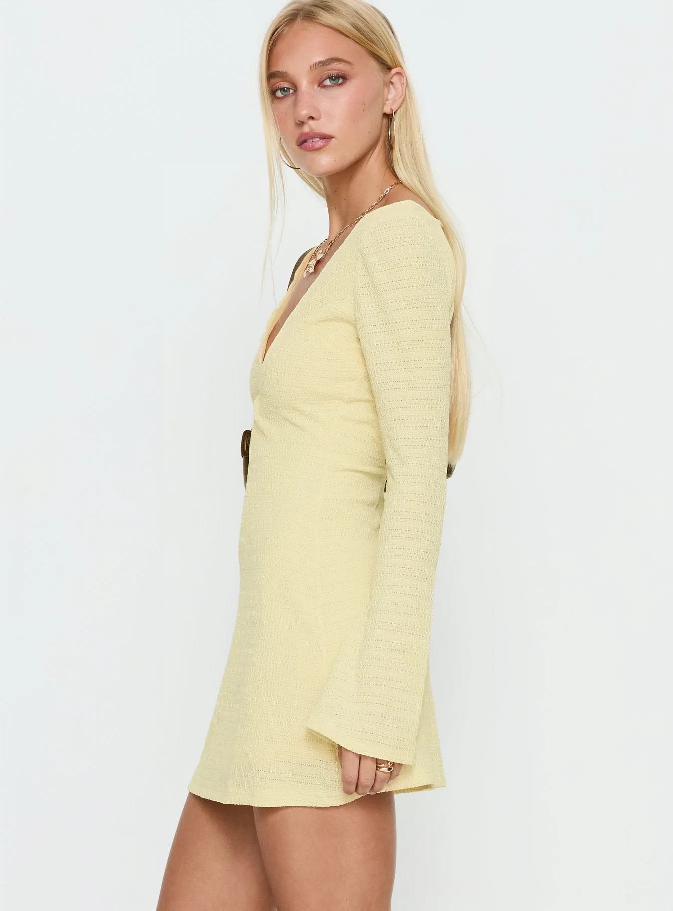 Milley Long Sleeve Textured Mini Dress Lemon sold by Princess Polly product image thumbnail 3