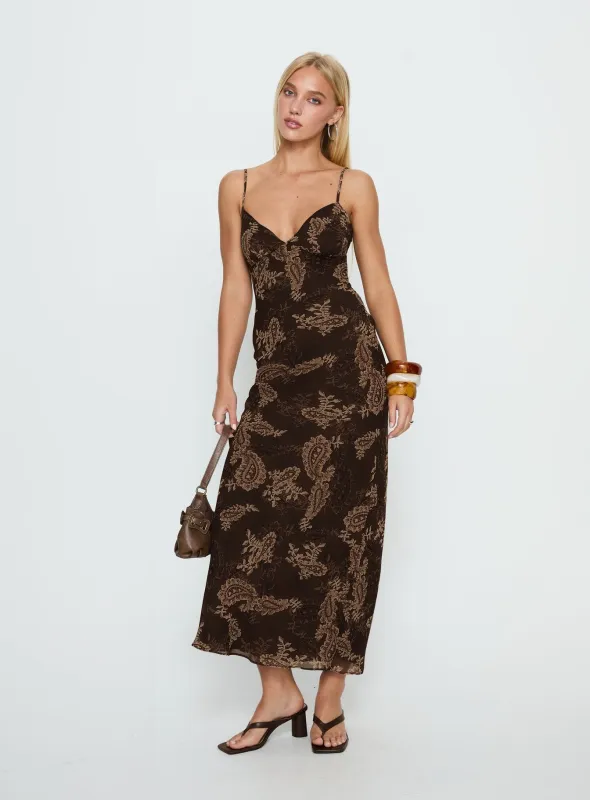 Jemimah V Neck Maxi Dress Brown Paisley sold by Princess Polly