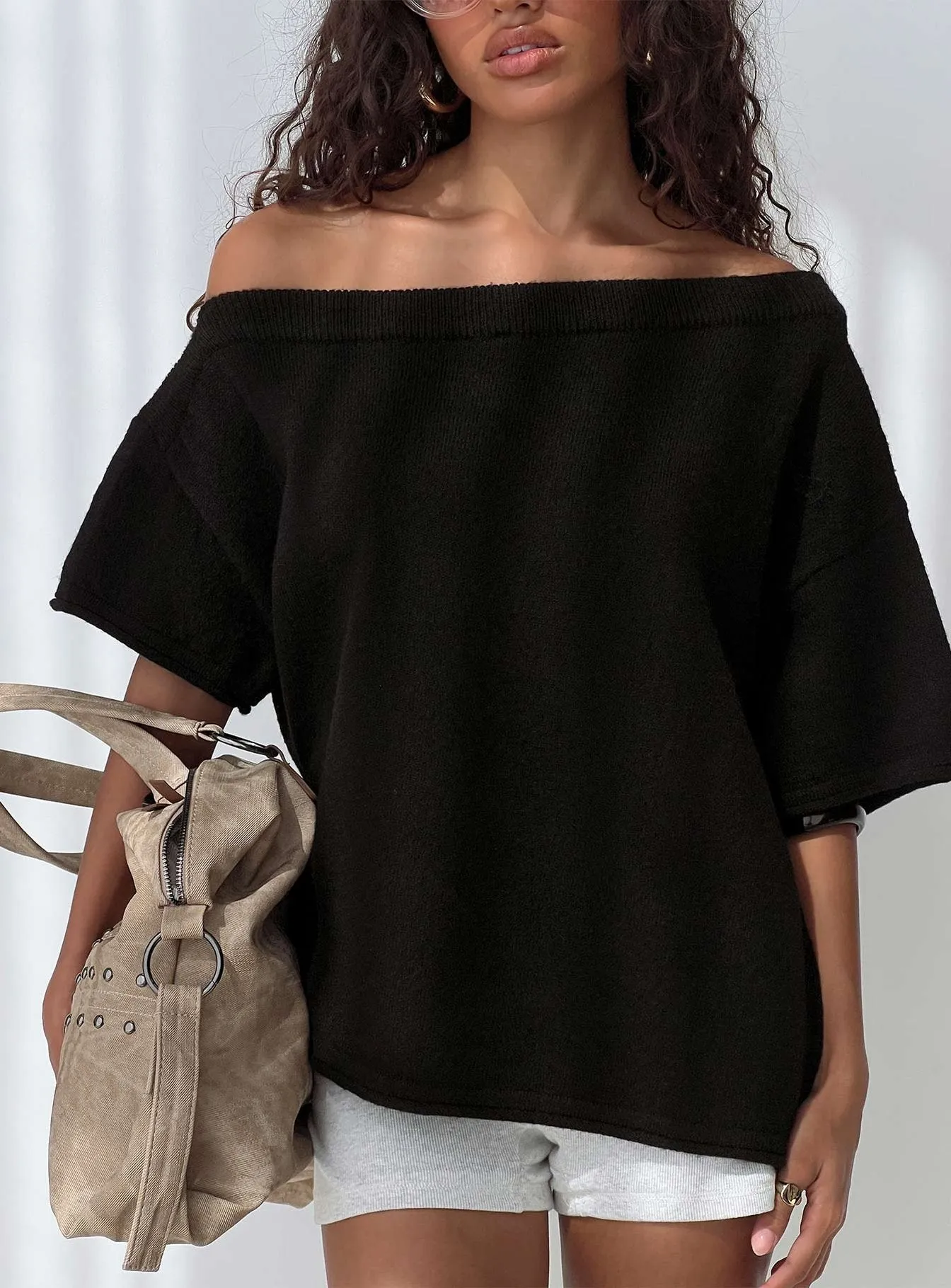 Kourta Off Shoulder Oversized Knit Top Black sold by Princess Polly